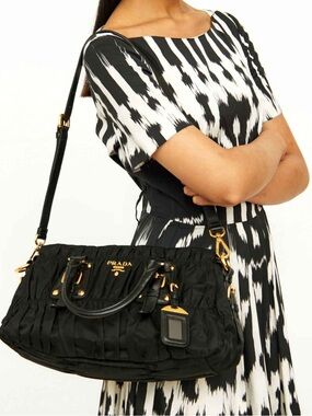 Prada Black Nylon Shoulder Bag with Gold Hardware